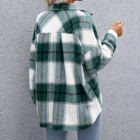 Green Casual Womens Plaid Flap Pocket Drop Shoulder Jacket - Picture 2 of 5